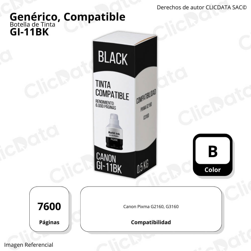 Tinta Canon GI 11BK Negro 135ml Canon G2160, G3160 Compatible