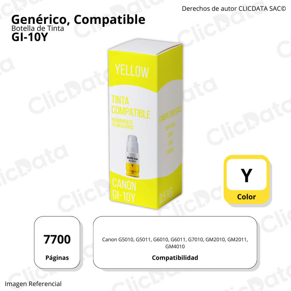 Tinta Canon GI 10Y Yellow 70ml Canon G5010, G6010 Compatible