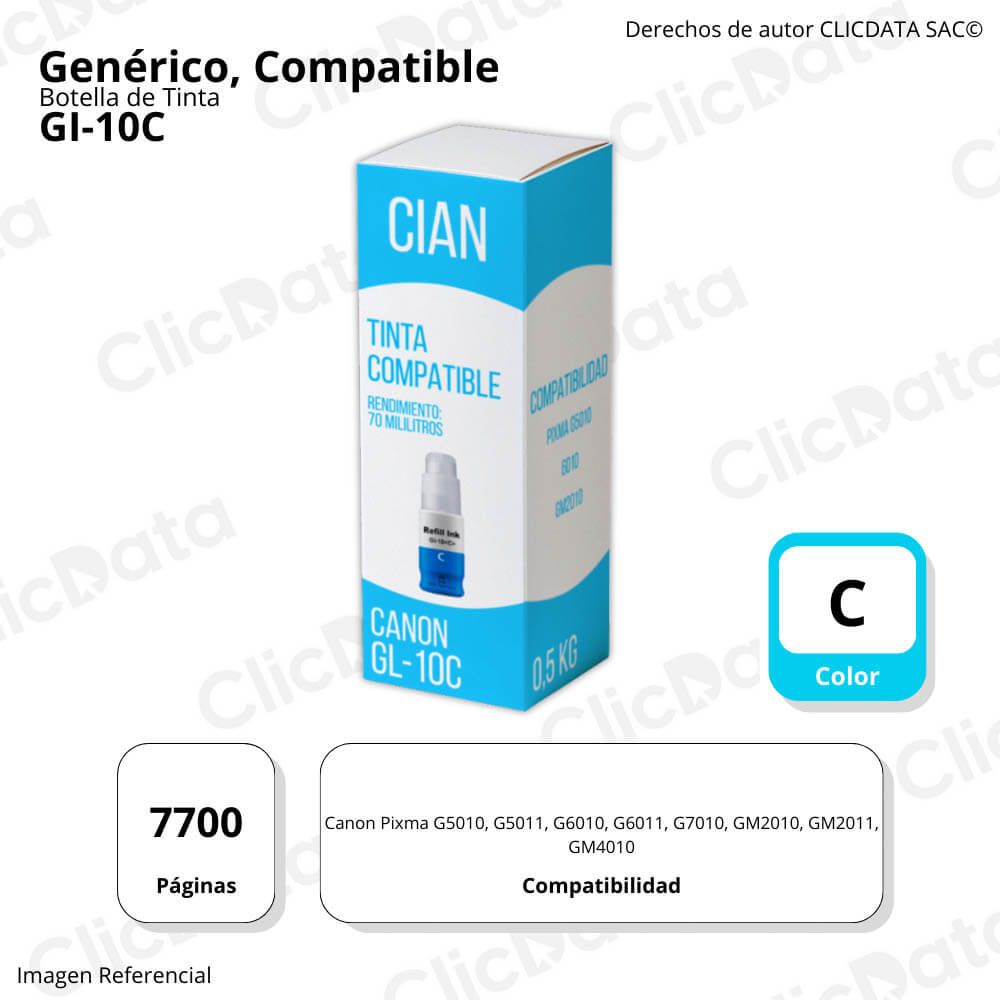 Tinta Canon GI 10C Cian 70ml G5010, G6010,GM4010 Compatible