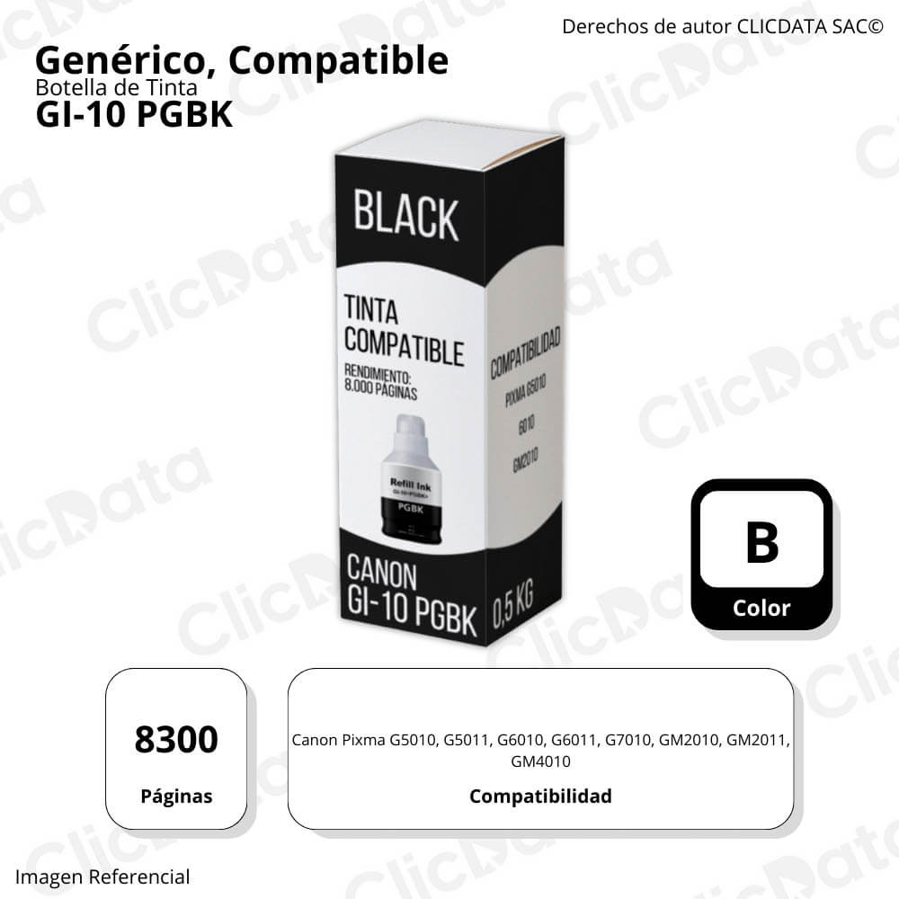 Tinta Canon GI 10 PGBK Negro 170ml G5010, G6010 Compatible