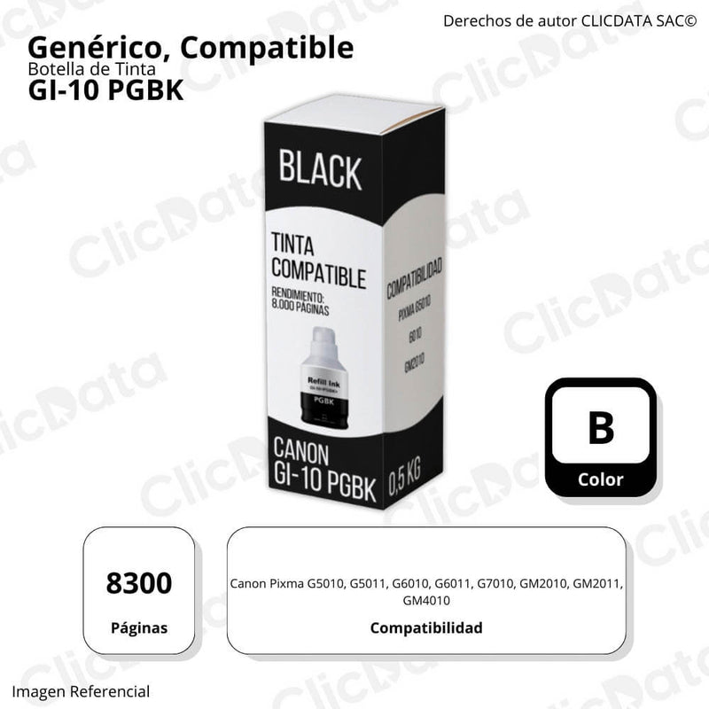 Tinta Canon GI 10 PGBK Negro 170ml G5010, G6010 Compatible