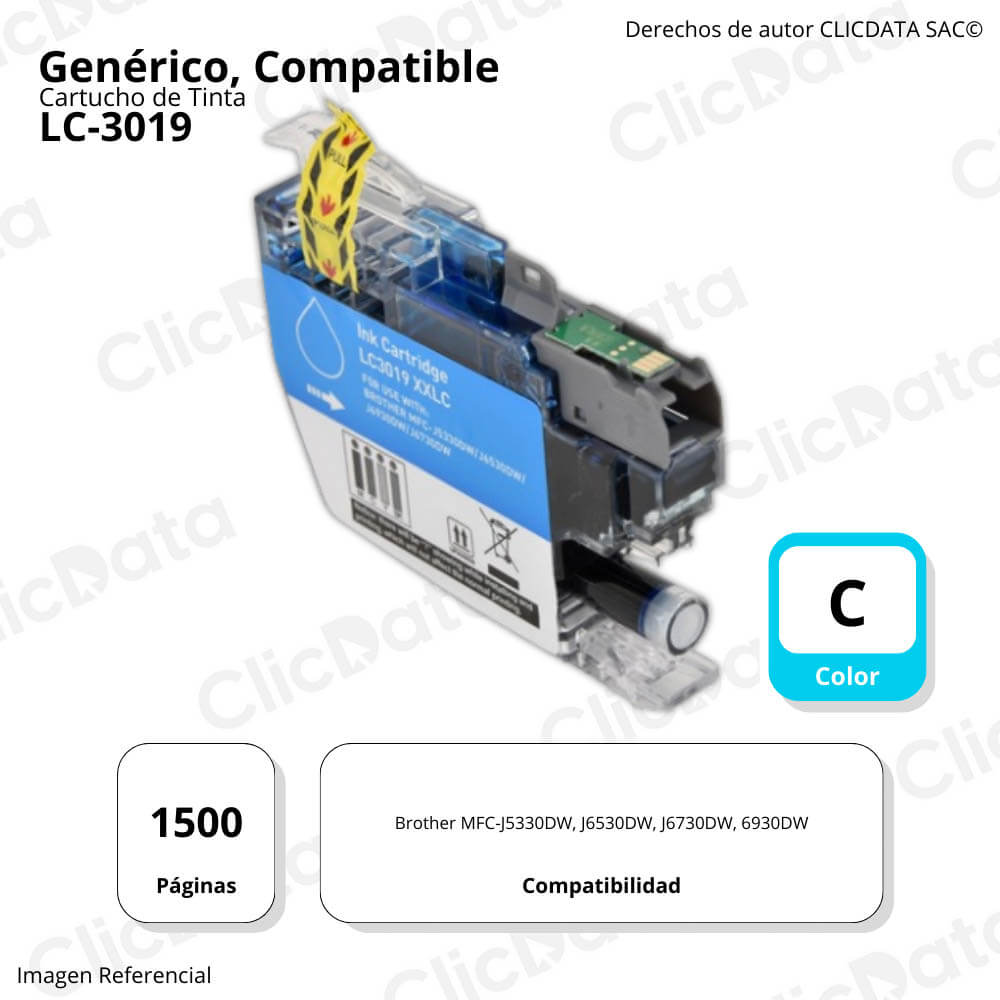 Tinta Brother LC-3019XL cian 1,500 Pág J6730DW, J6530DW Compatible