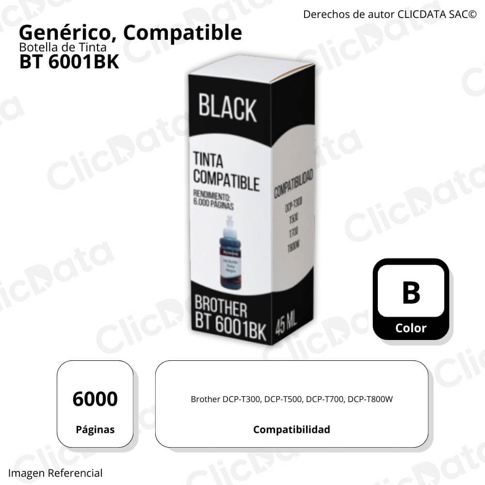 Tinta Brother BT 6001BK Negro 6,000 Pág. DCP T300, T800W Compatible
