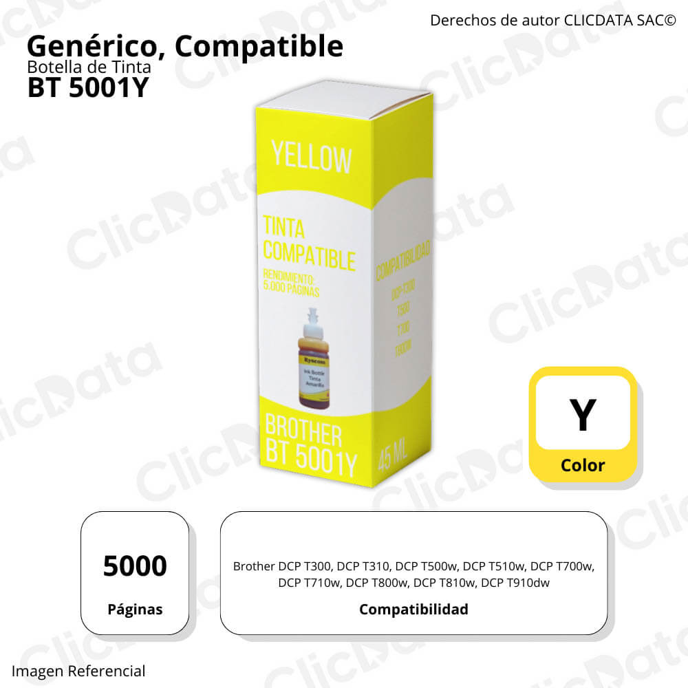 Tinta Brother BT5001Y Yellow 5.000 Pág. DCPT300, T800W Compatible