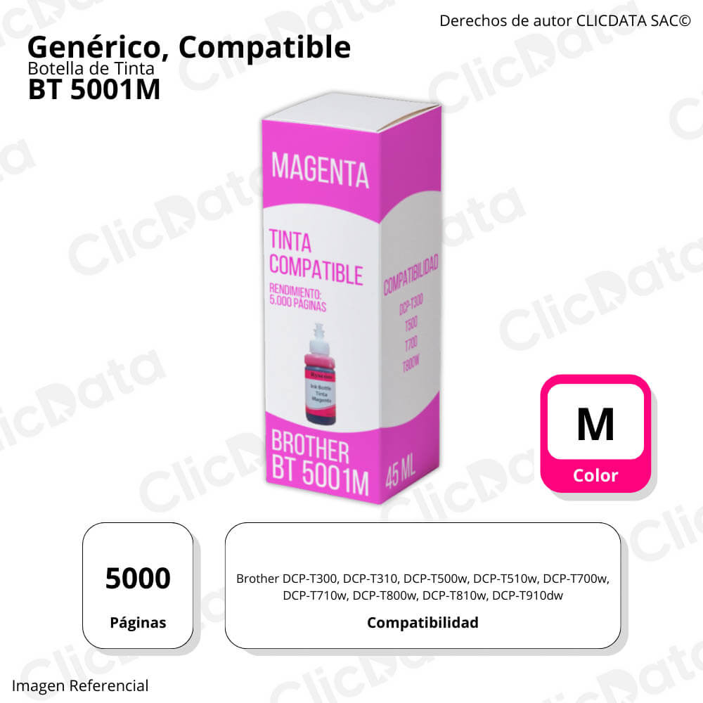 Tinta Brother BT5001M Magenta 5.000 Pág. DCPT300, T800W Compatible