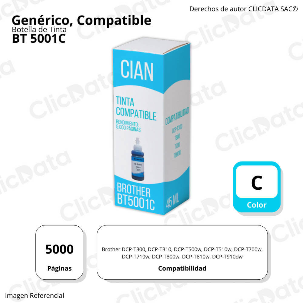 Tinta Brother BT5001C Cian 5,000 Pág. DCPT300, T800W Compatible