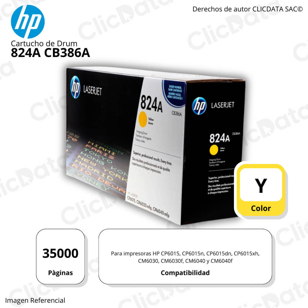 Tambor Hp 824A Yellow CB386A 35,000 Pág. CM6030, CP6015DN Original