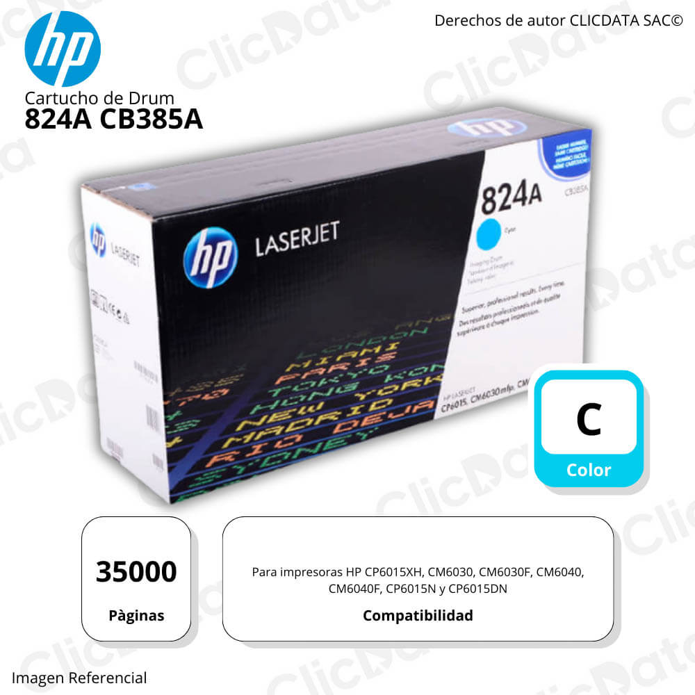 Tambor Hp 824A Cyan CB385A 35,000 Pág. CM6030, CP6015DN Original