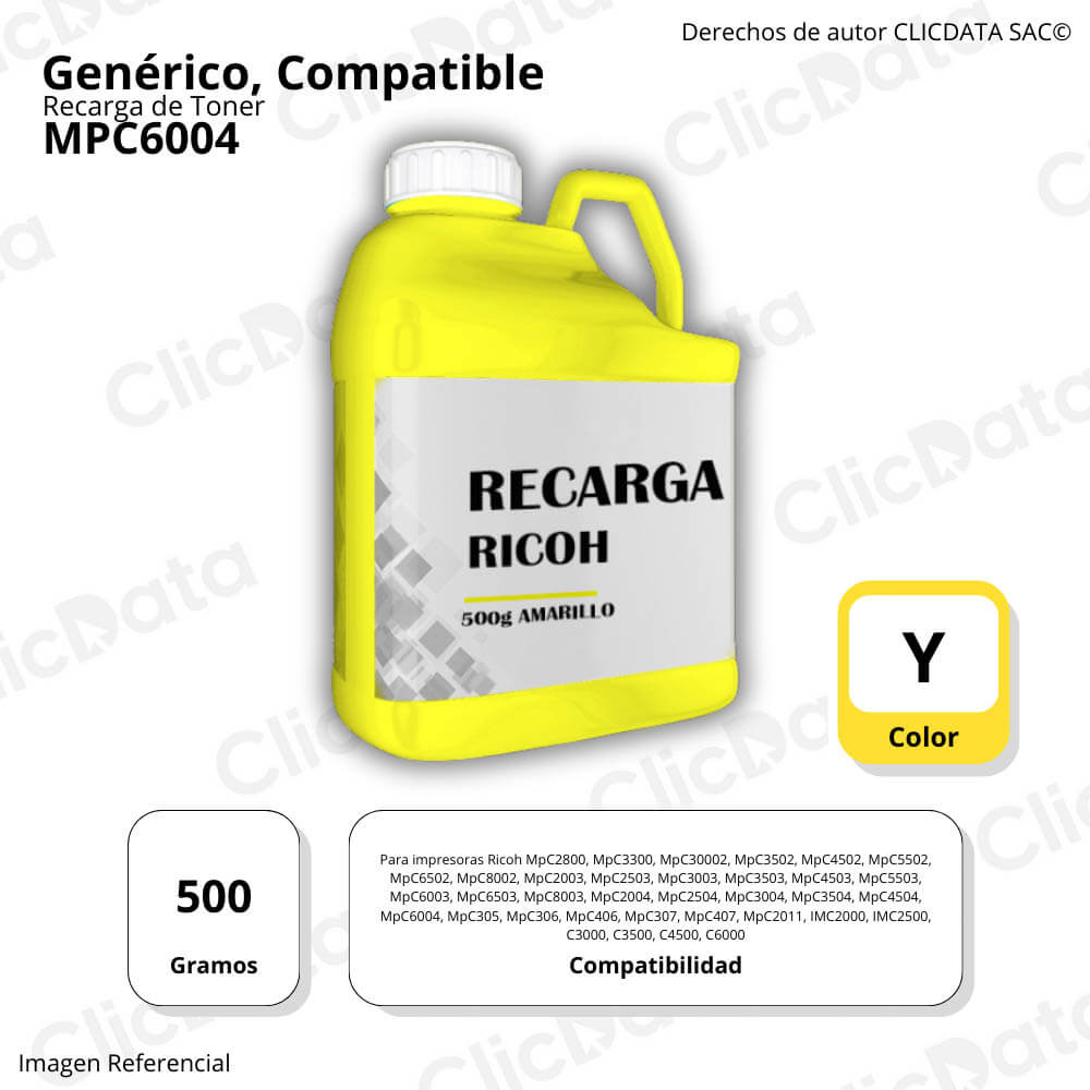 Recarga de Toner Ricoh Yellow MP C6004 500g Compatible