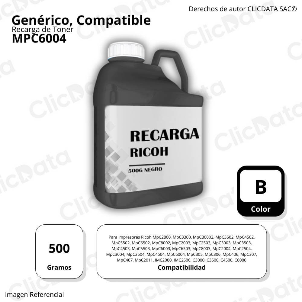 Recarga de Toner Ricoh Negro MP C6004 500g Compatible