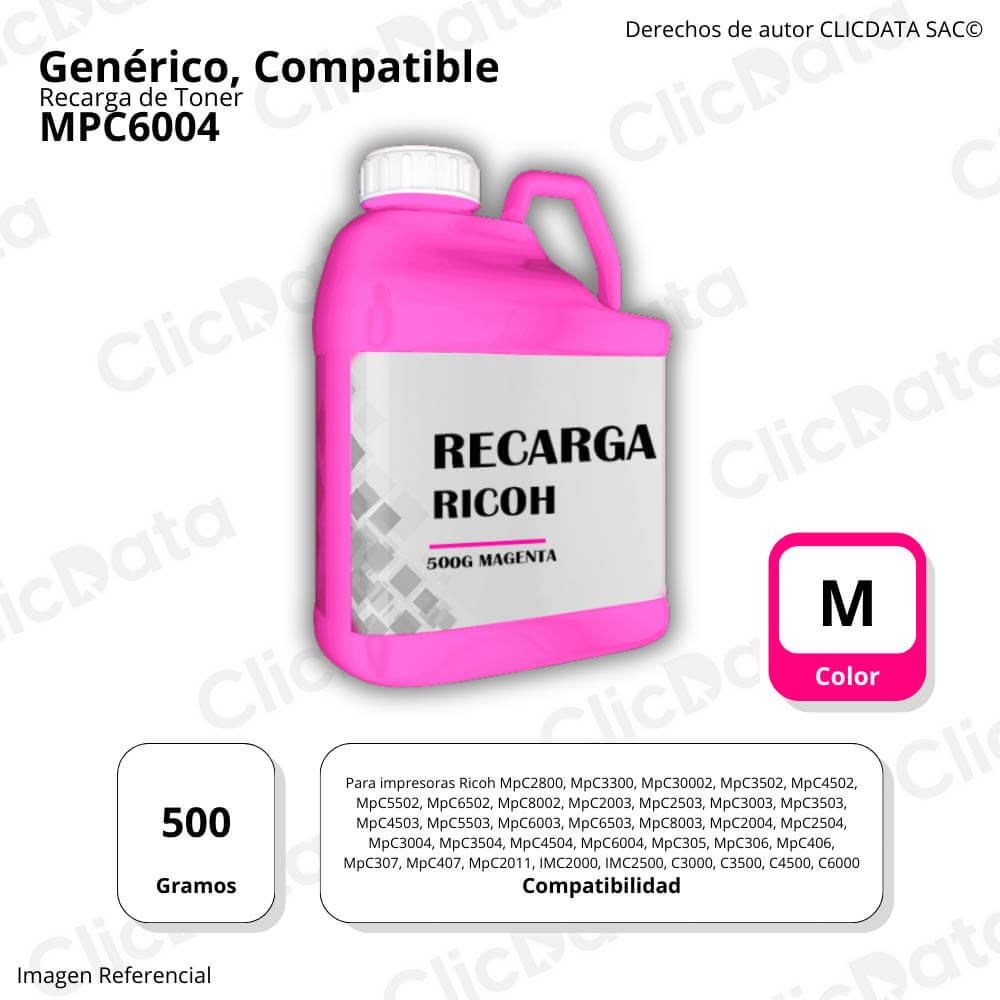 Recarga de Toner Ricoh Magenta MP C6004 500g Compatible