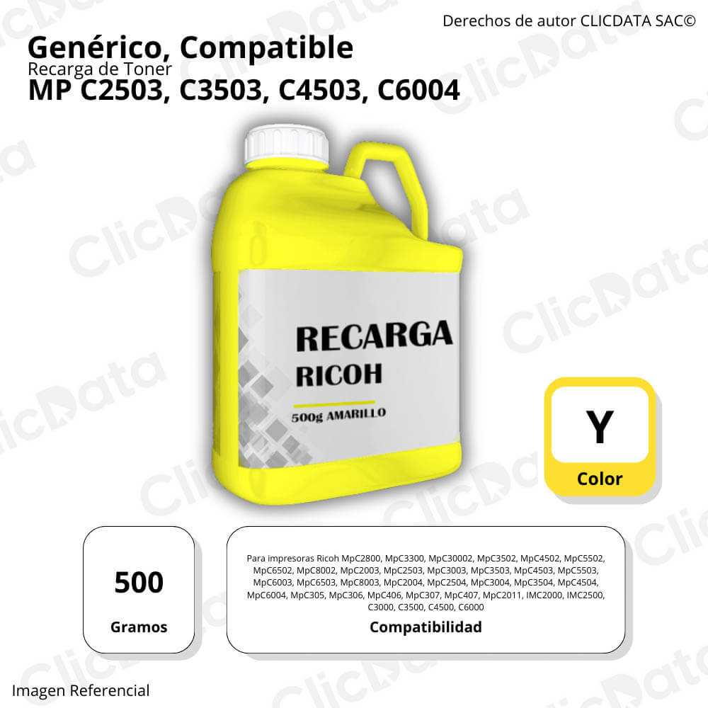 Recarga de Toner Ricoh Yellow MP C2503, C3503 500g Compatible