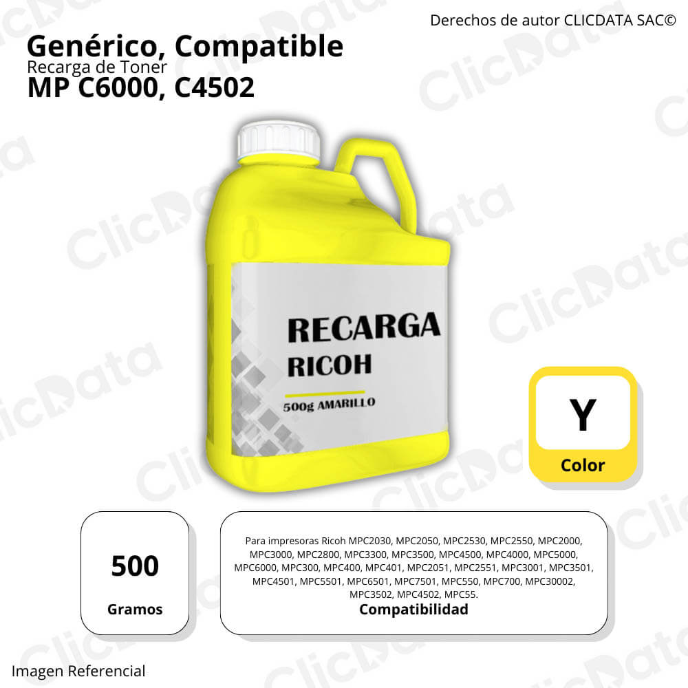 Recarga de Toner Ricoh Yellow 500g MP C6000, C4502 Compatible