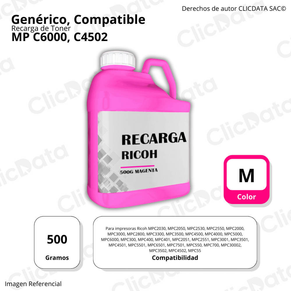 Recarga de Toner Ricoh Magenta 500g MP C6000, C4502 Compatible