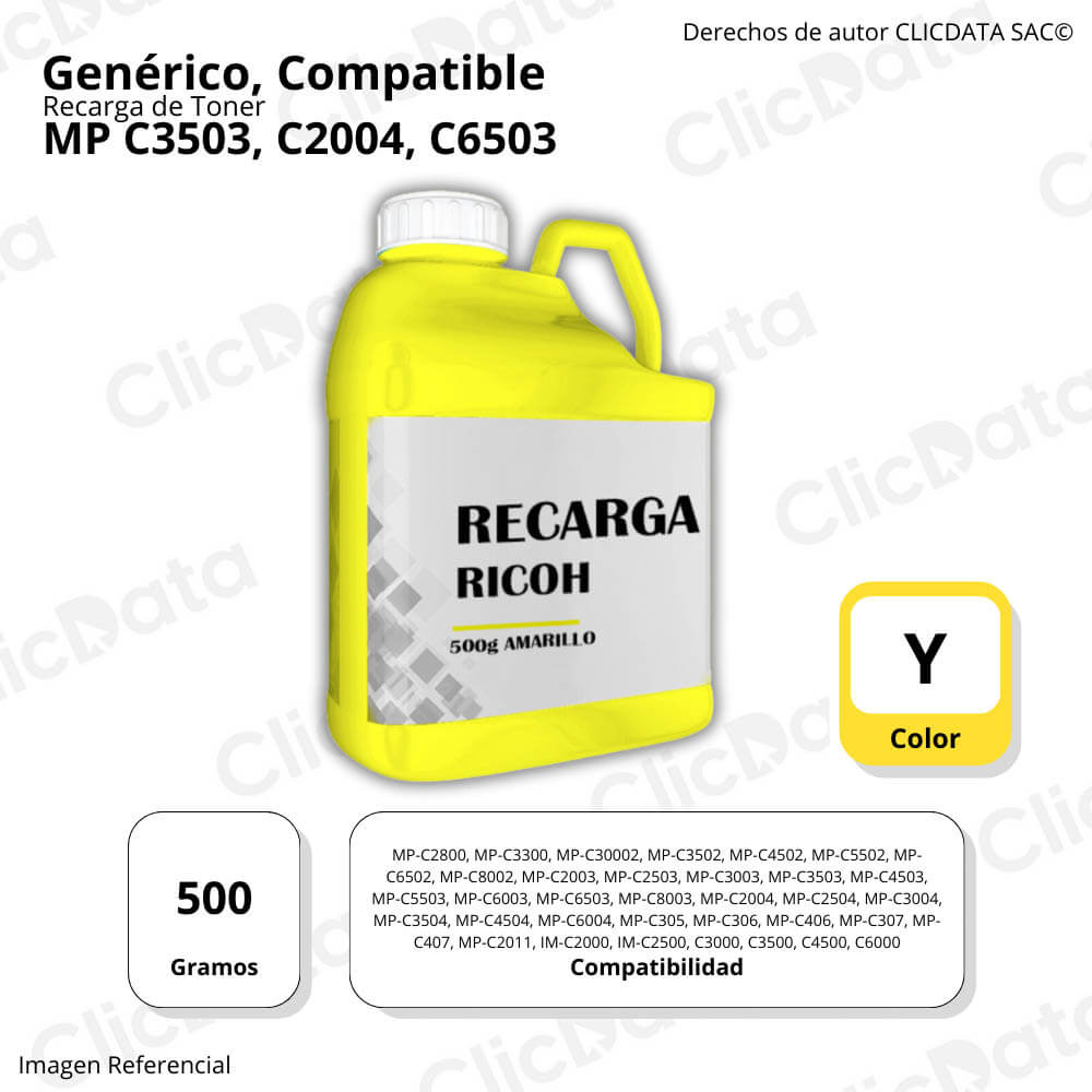 Recarga de Toner Ricoh Yellow 500g MP C3503, C2004, C6503 Compatible