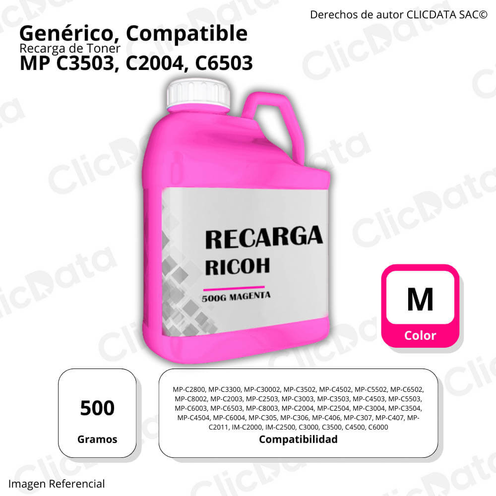 Recarga de Toner Ricoh Magenta 500g MP C3503, C2004, C6503 Compatible