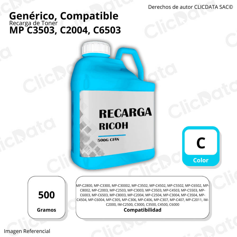 Recarga de Toner Ricoh Cyan 500g MP C3503, C2004, C6503 Compatible