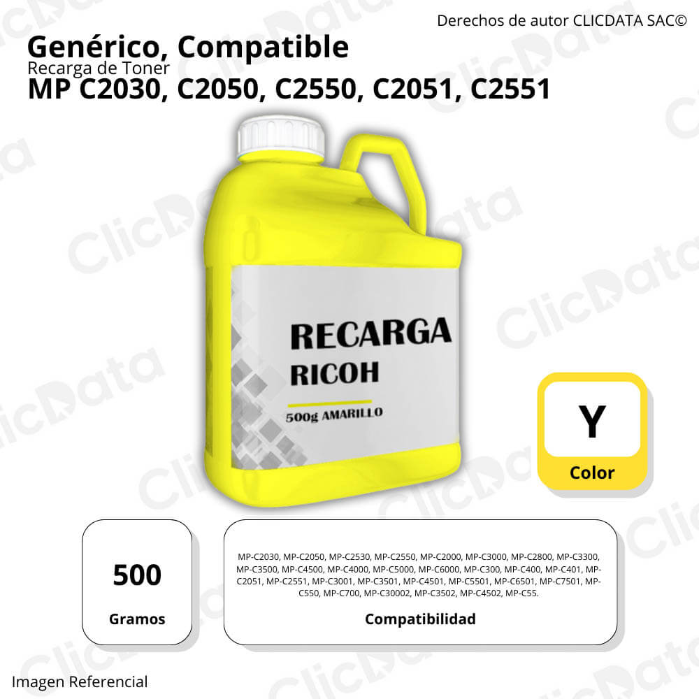 Recarga de Toner Ricoh Amarrillo 500g MP C2030, C2551 Compatible