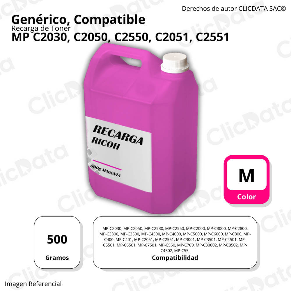 Recarga de Toner Ricoh Magenta 500g MP C2030, C2551 Compatible