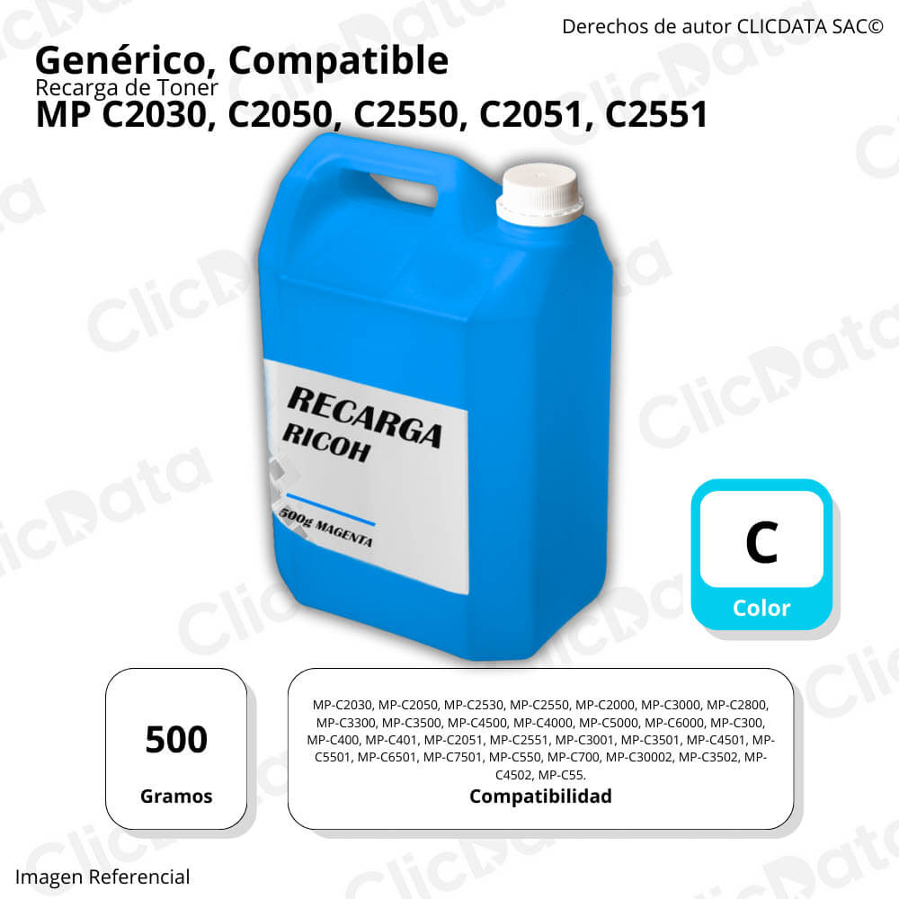 Recarga de Toner Ricoh Cyan 500g MP C2030, C2551 Compatible