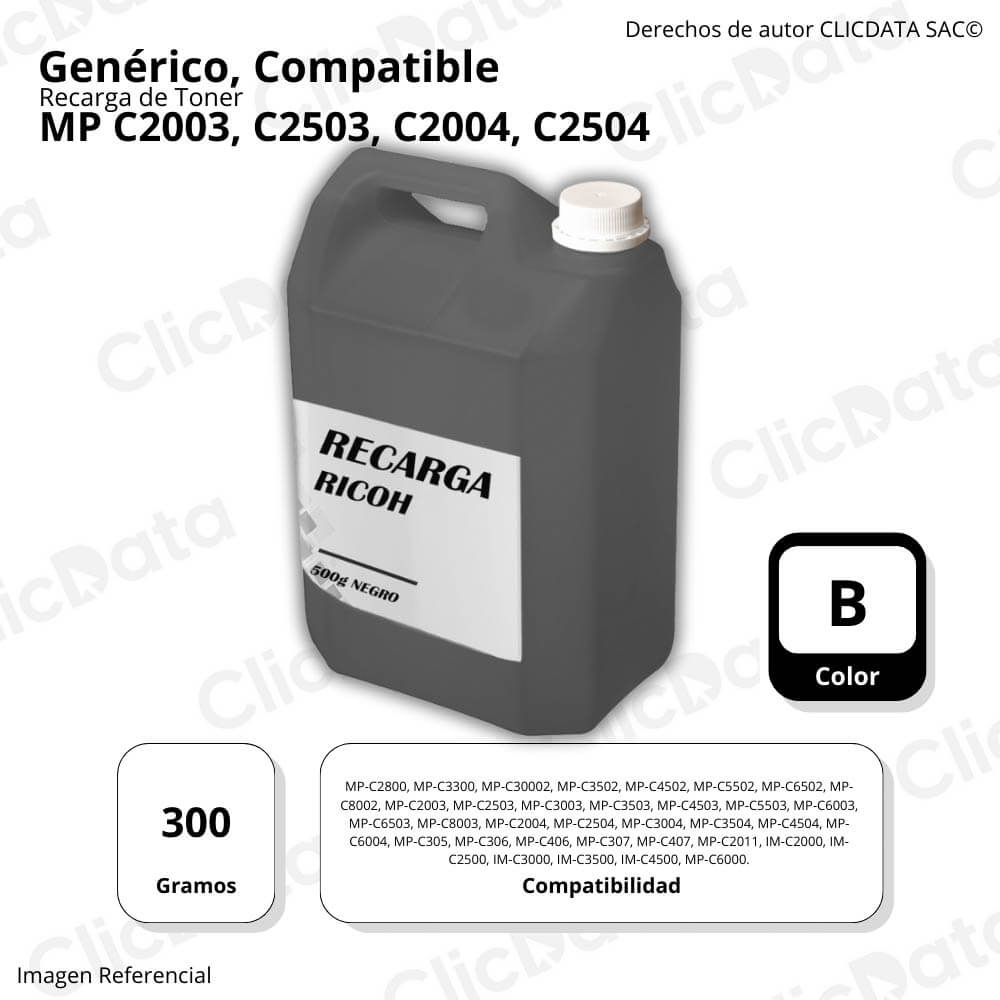 Recarga de Toner Ricoh Negro MP C2003, C2503 300g Compatible