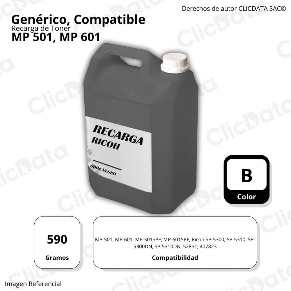 Recarga de Toner Ricoh Negro 407823 590g  MP 501, MP 601 Compatible