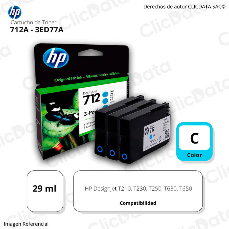 Pack de 3 Tintas Hp 712A Cyan 3ED77A 29ml T650,T250 Original