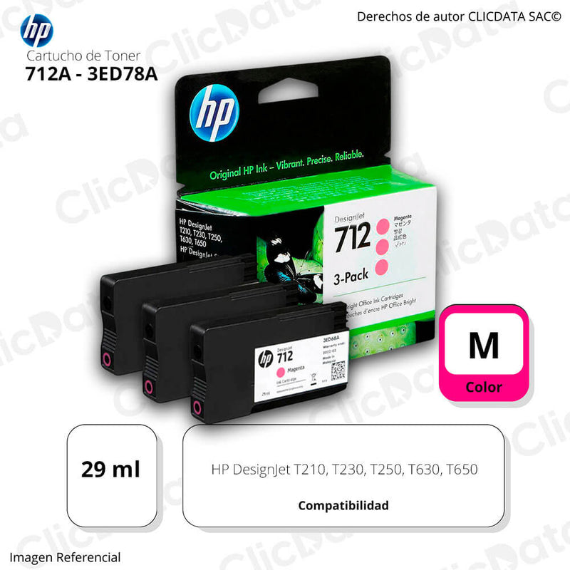 Pack De 3 Tintas HP 712 Magenta 3ED78A 29ml T650,T250 Original