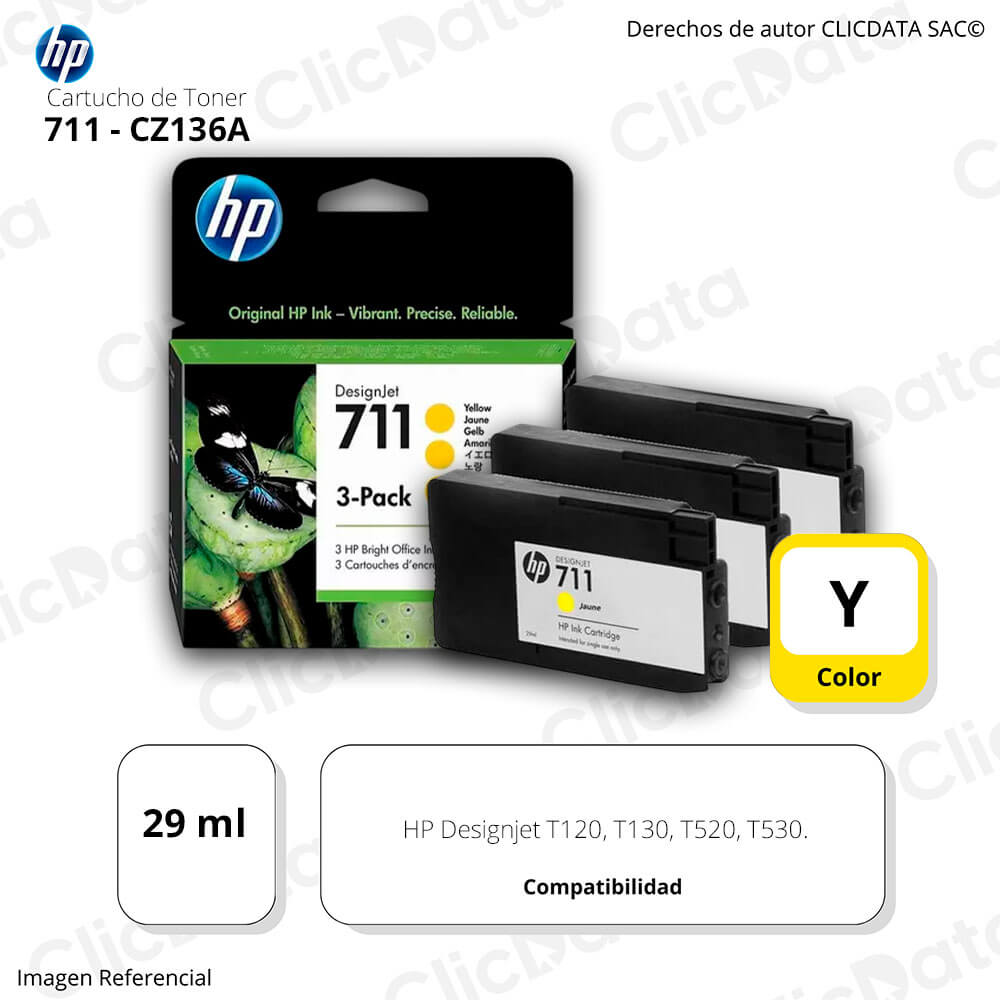 Pack de 3 Tintas HP 711 Yellow CZ136A 29ml T120, T520 Original