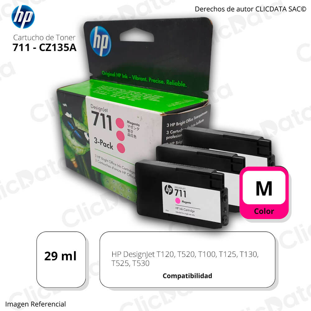 Pack de 3 Tintas HP 711 Magenta CZ135A 29ml T120, T520 Original