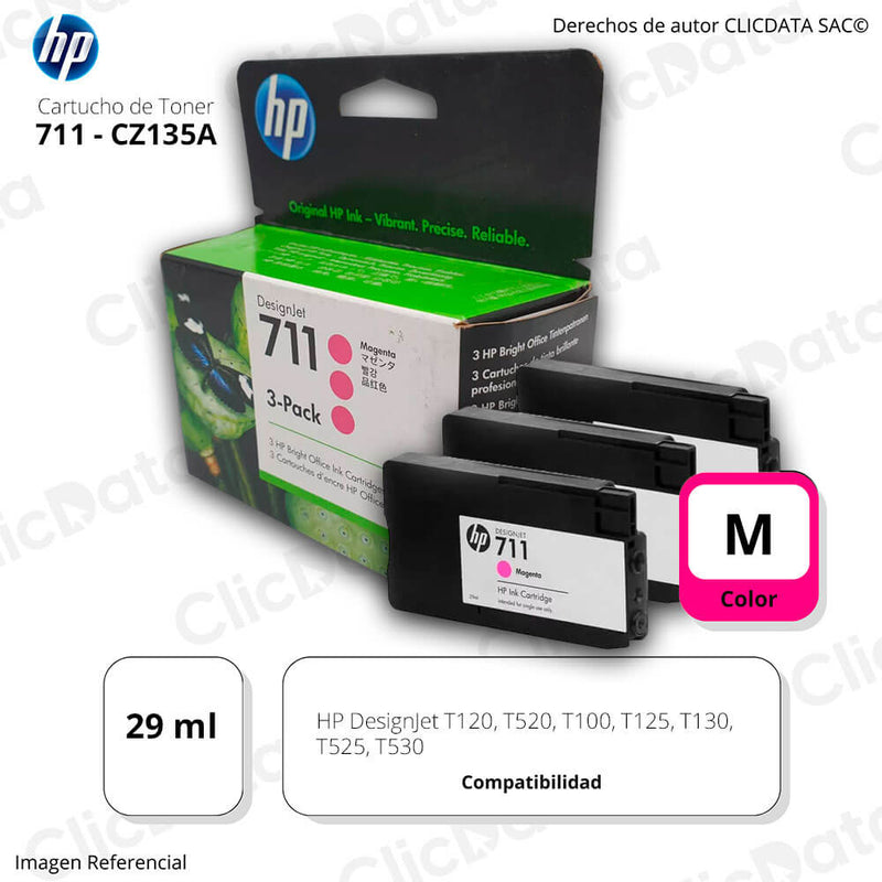 Pack de 3 Tintas HP 711 Magenta CZ135A 29ml T120, T520 Original