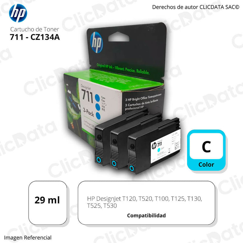 Pack de 3 Tintas HP 711 Cyan CZ134A 29ml T120, T520 Original