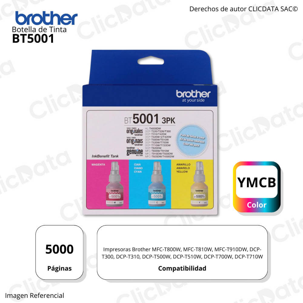 Pack 3 Tintas Brother BT5001 Color 3PK T300, T500W, T700W Original