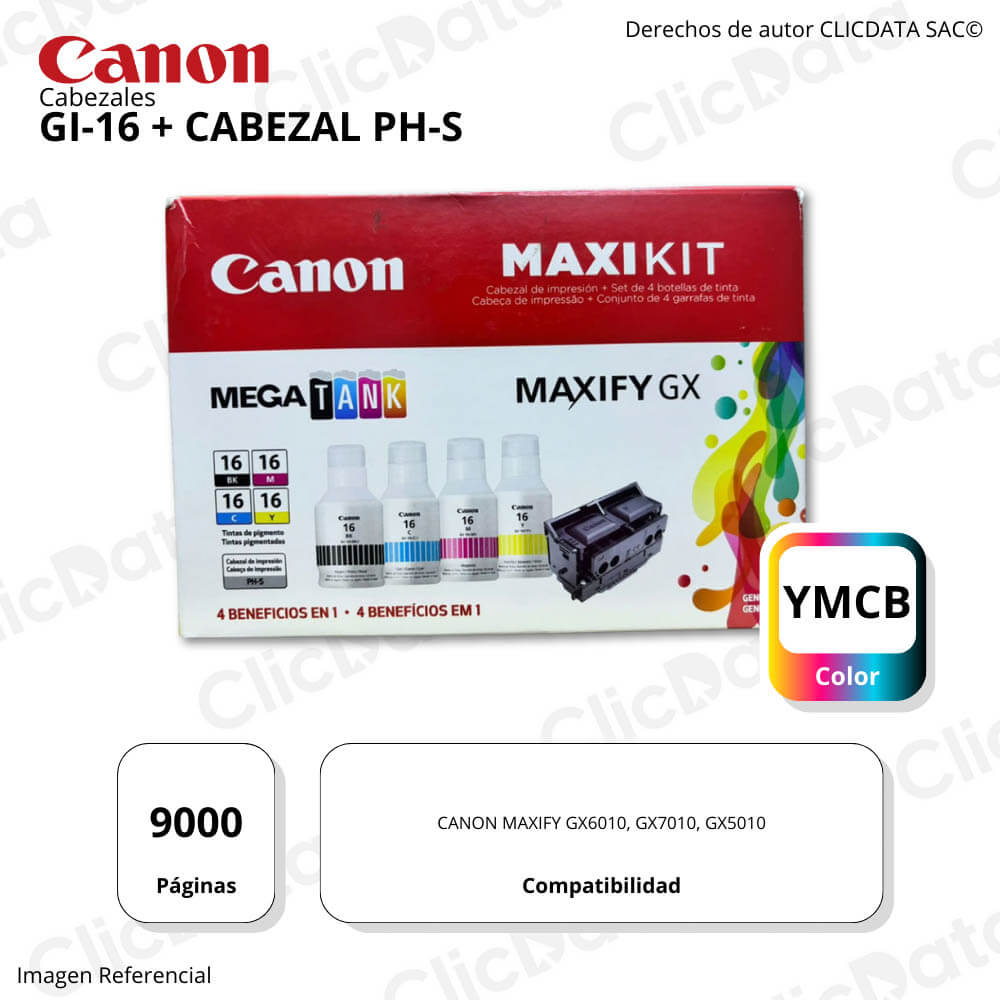 Pack Cabezal PHS + Kit Tintas Canon GI 16 BK, C, Y, M Original