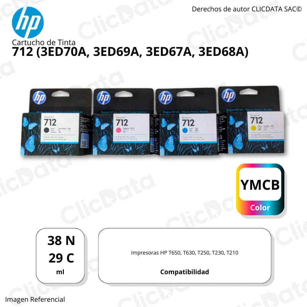Kit de Tinta HP 712 Negro y Tricolor T210, T250, T650 Original