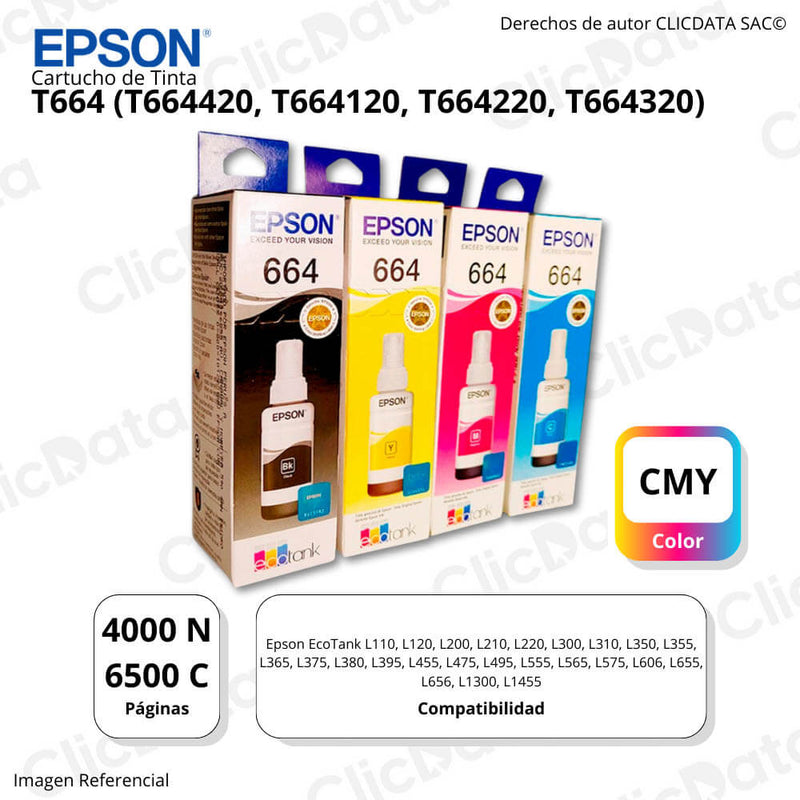 Kit Tintas Epson T664 Negro y color 70ml L455, L455, L565 Original