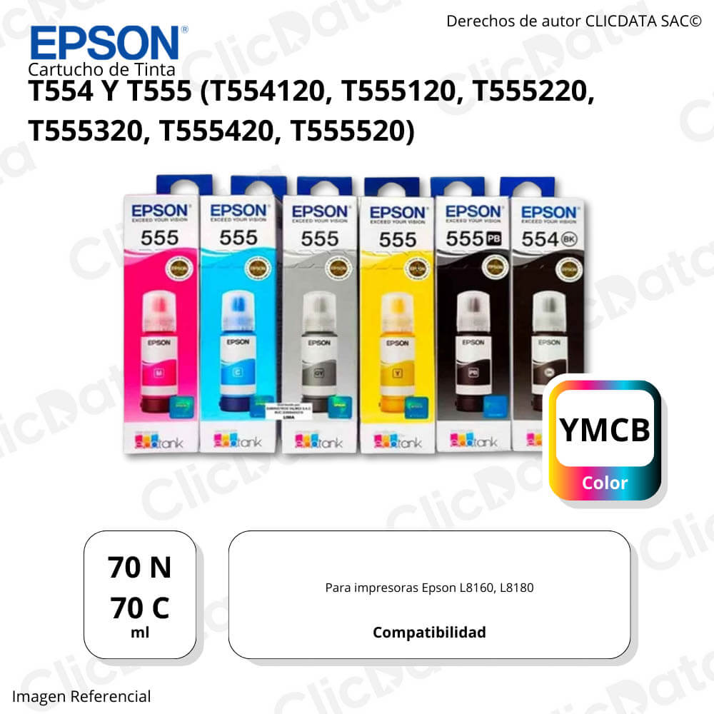 Kit Tintas Epson T554 y T555 Negro y colores 70ml L8160 Original