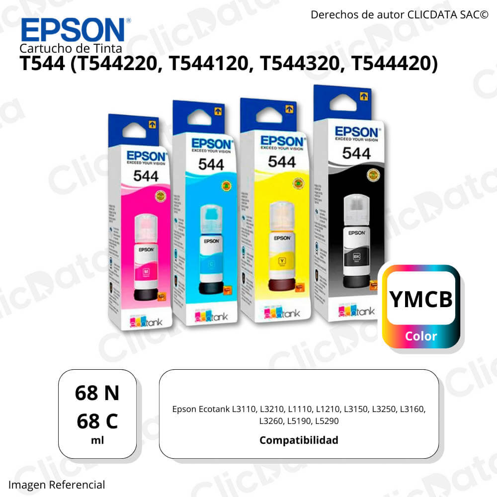 Kit Tintas Epson T544 CYMK 65ml L3210, L5190, L3150, L3110 Original