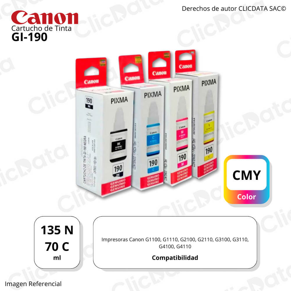 Kit Tintas Canon GI 190 Negro 135ml y colores 70ml G3110 Original