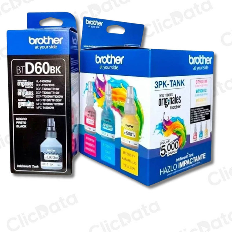 Kit Tintas Brother BT-5001 3PK y BTD 60BK negro y colores Original