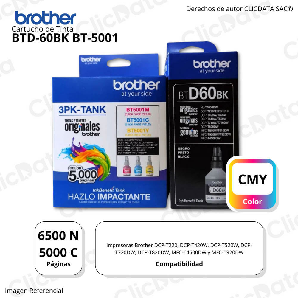 Kit Tintas Brother BT-5001 3PK y BTD 60BK negro y colores Original