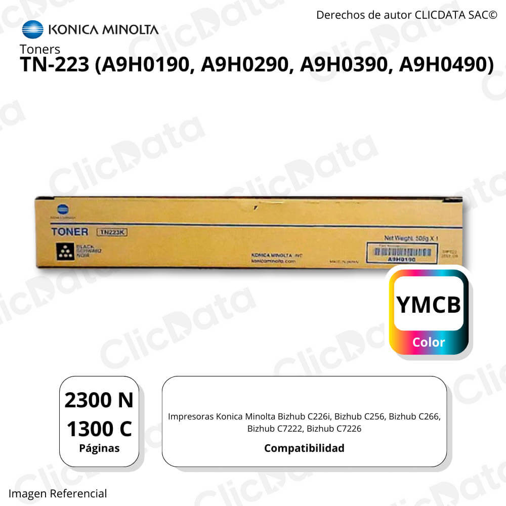 Juego de Toner Konica Minolta TN223 CYMK  Bh c226i, c256 Original