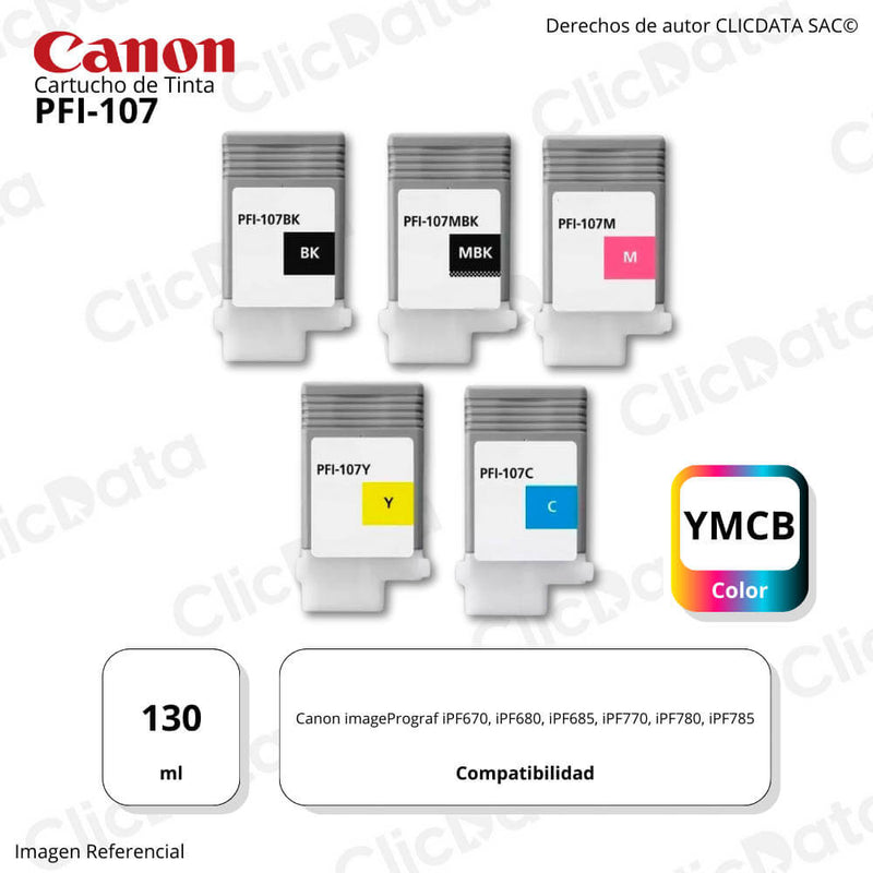 Kit de Tinta canon PFI107 CYMK 130ml IPF670, ipf785, ipf685 Original
