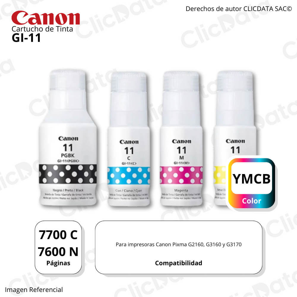 Kit de Tinta Canon GI 11 70ml color y 135ml negro G3160 Original