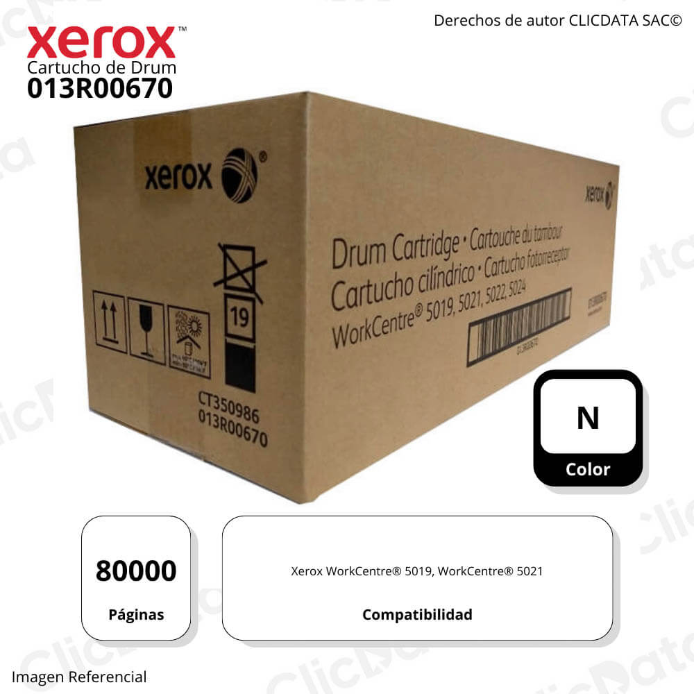 Drum Xerox 013R00670 Negro 80,000 Pág. WorkCentre 5019, 5021 original