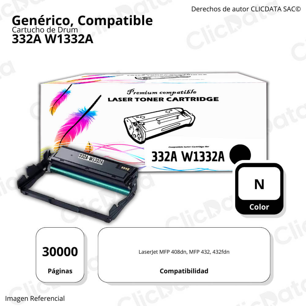 Drum Hp 332A W1332A Negro 30,000 Pág 432FDN, 408DN Compatible