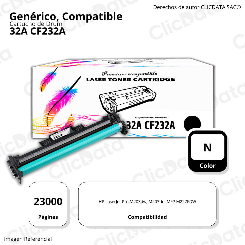 Drum HP 32A Negro CF232A 23,000 Pág. M203, MFP M227 Compatible
