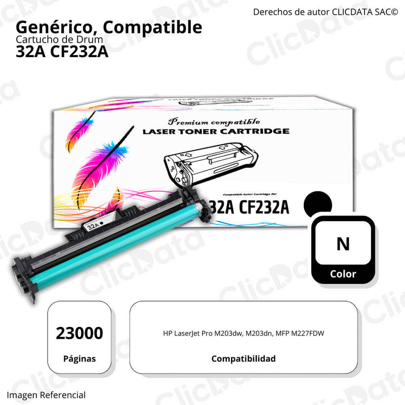 Drum HP 32A Negro CF232A 23,000 Pág. M203, MFP M227 Compatible