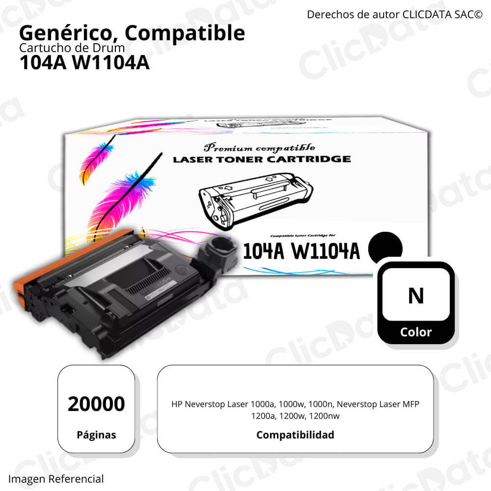 Drum HP 104A Negro W1104A 20,000 Pág. 1000a, 1200a Compatible