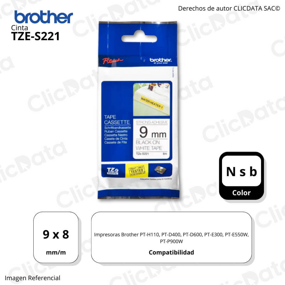 Cinta Brother Tze-S221 9 mm x 8,00 M. PTH110,PTP900W Original